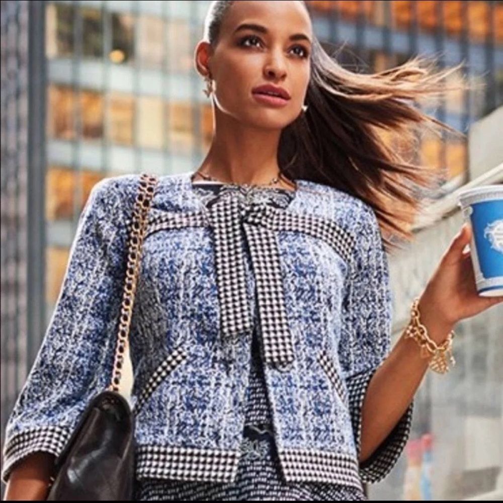 Cabi Club 21 Reina electric blue white & black abstract houndstooth blazer S